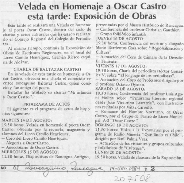 Velada en homenaje a Oscar Castro esta tarde; exposición de obras  [artículo].
