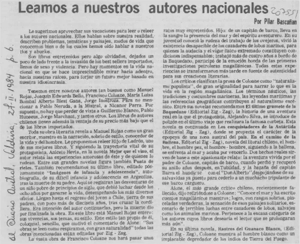 Leamos a nuestros autores nacionales  [artículo] Pilar Bascuñán J.