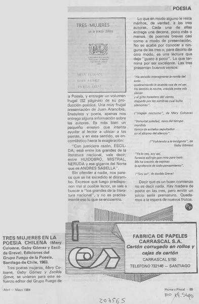 "Tres mujeres en la poesía chilena"  [artículo].