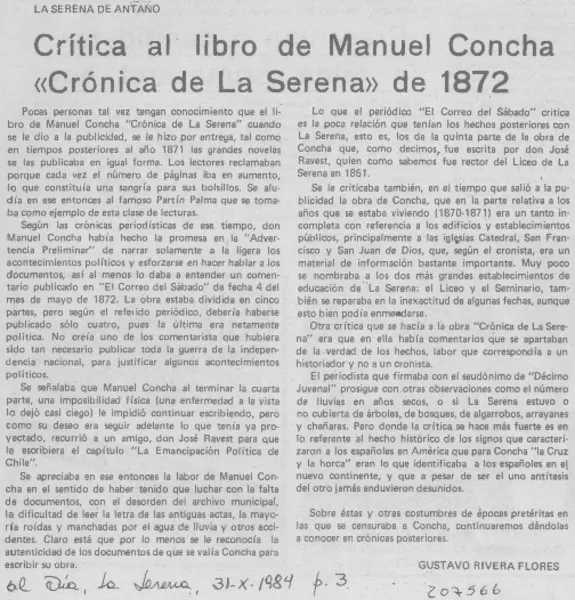 Crítica al libro de Manuel Concha "Crónica de La Serena" de 1872  [artículo] Gustavo Rivera Flores.