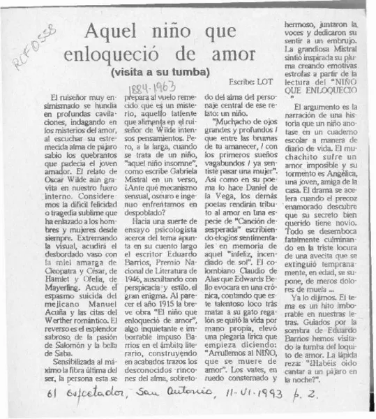 Aquel niño que enloqueció de amor  [artículo] Lot.