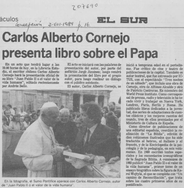 Carlos Alberto Cornejo presenta libro sobre el Papa  [artículo].