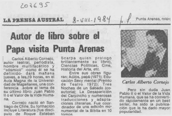 Autor de libro sobre el Papa visita Punta Arenas  [artículo].