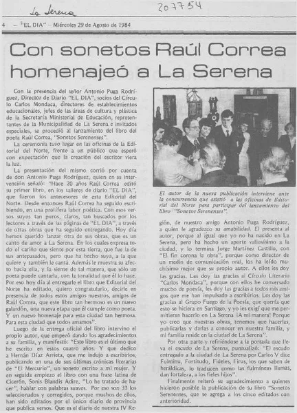 Con sonetos Raúl Correa homenajeó a La Serena  [artículo].