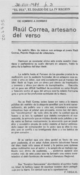 Raúl Correa, artesano del verso  [artículo] P. Vega G.