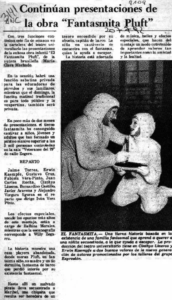 Continúan presentaciones de la obra"Fantasmita Pluft".  [artículo].