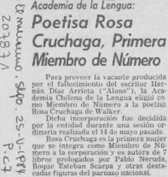 Poetisa Rosa Cruchaga, primera miembro de número  [artículo].