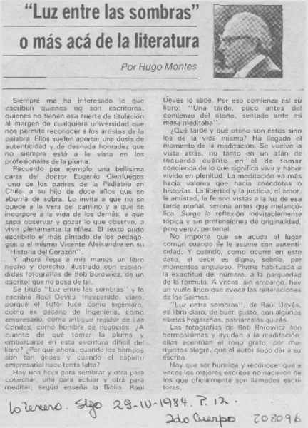 "Luz entre las sombras" o más acá de la literatura  [artículo] Hugo Montes.
