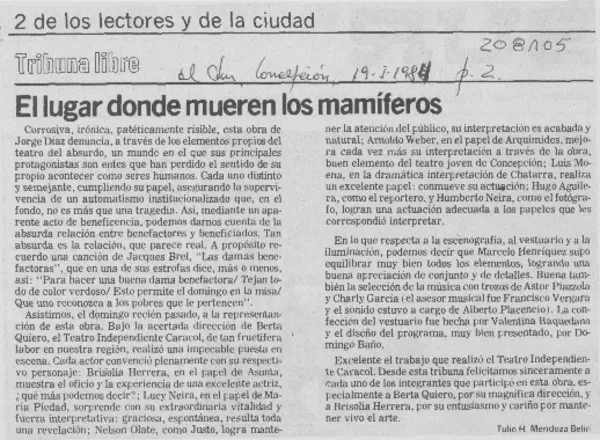 "El lugar donde mueren los mamíferos"  [artículo] Tulio H. Mendoza Belio.