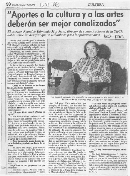 "Aportes a la cultura y a las arte deberán sr mejor canalizados"  [artículo] S. V. Y.