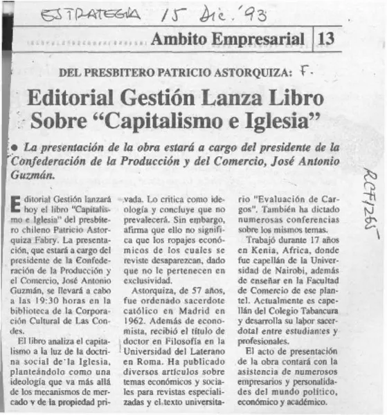 Editorial Gestión lanza libro sobre "Capitalismo e Iglesia"  [artículo].