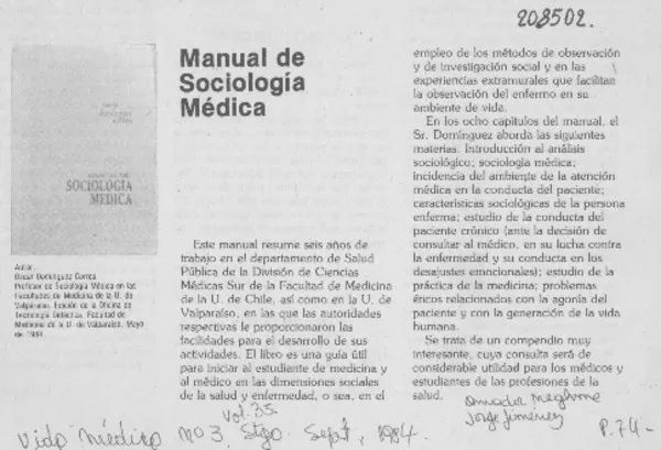 "Manual de sociología médica"  [artículo] Amador Neghme [y] Jorge Jiménez.