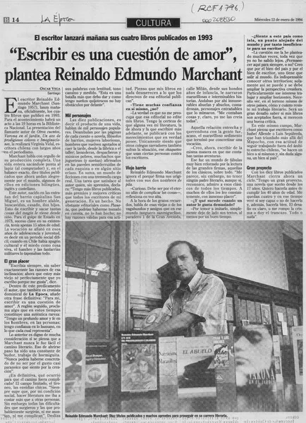 "Escribir es una cuestión de amor", plantea Reinaldo Edmundo Marchant  [artículo] Oscar Vega.