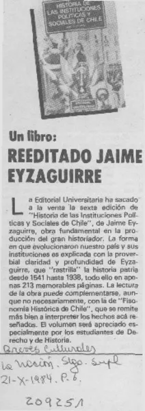 Reeditado Jaime Eyzaguirre  [artículo].