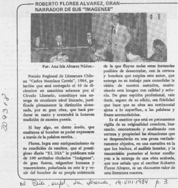 Roberto Flores Alvarez, gran narrador de sus "imágenes"  [artículo] Ana Iris Alvarez Núñez.