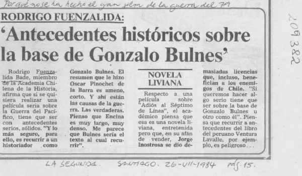 Por qué no se ha hecho el gran film de la guerra del 79, "antecedentes históricos sobre la base de Gonzalo Bulnes  [artículo].