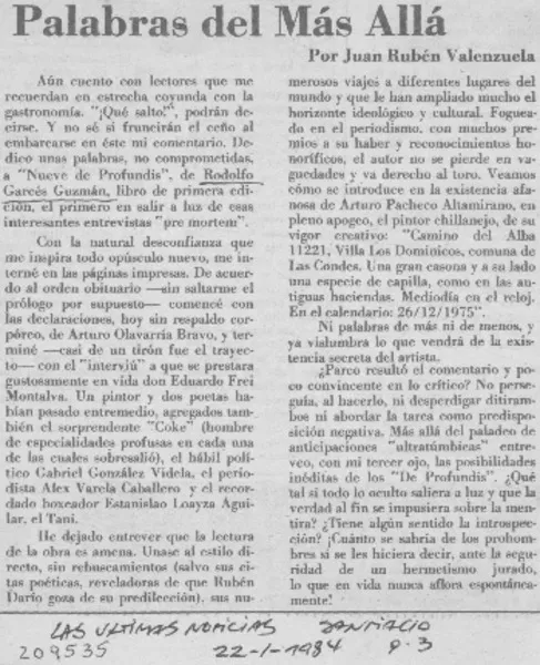 Palabras del más Allá  [artículo] Juan Rubén Valenzuela.