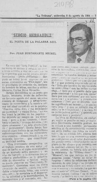 Sergio Hernández, el poeta de la palabra ágil  [artículo] Juan Bustamante Michel.
