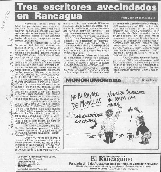 Tres escritores avecindados en Rancagua  [artículo] José Vargas Badilla.