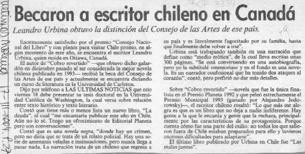Becaron a escritor chileno en Canadá  [artículo].