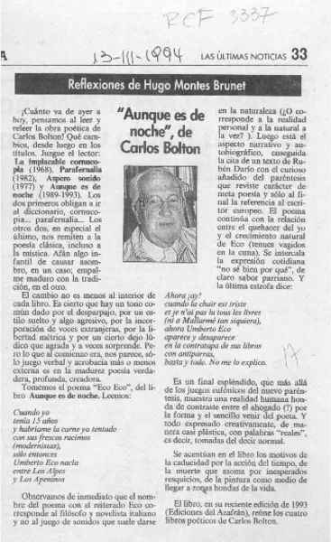 "Aunque es de noche", de Carlos Bolton  [artículo] Hugo Montes Brunet.