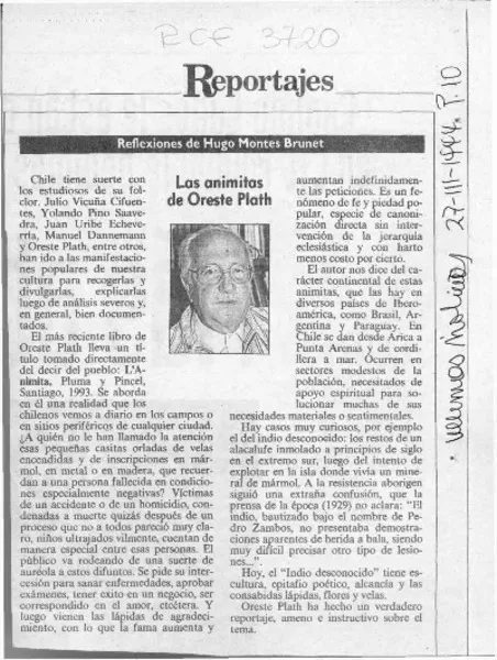 Las animitas de Oreste Plath  [artículo] Hugo Montes.
