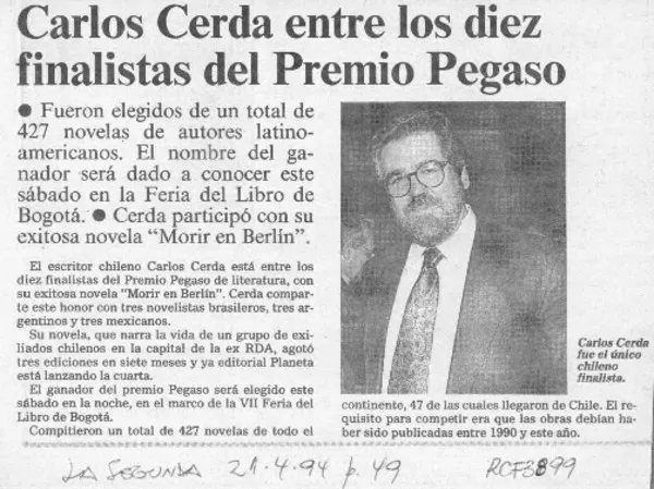 Carlos Cerda entre los diez finalistas del Premio Pegaso  [artículo].