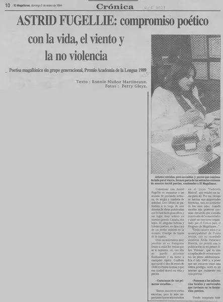 Astrid Fugellie, compromiso poético con la vida, el viento y la no violencia  [artículo] Ronnie Muñoz Maretineaux.