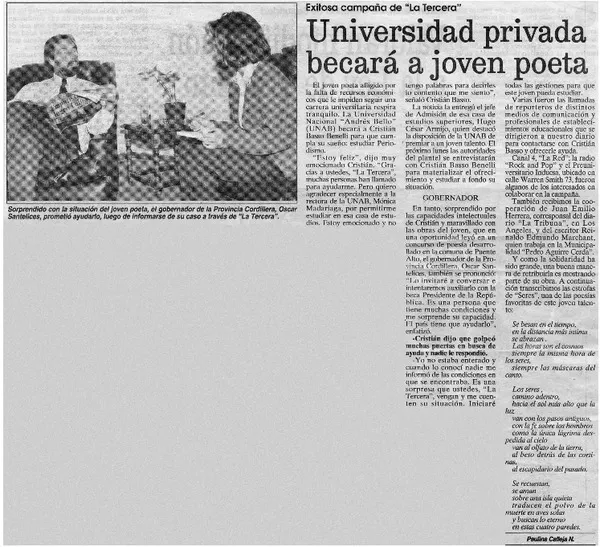 Universidad privada becará a joven poeta  [artículo] Paulina Calleja N.