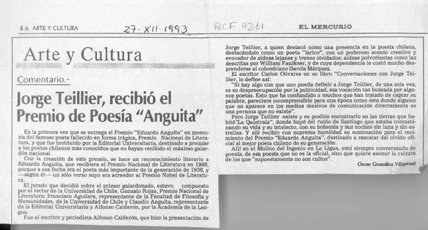 Jorge Teillier recibió el Premio de Poesía "Anguita"  [artículo] Oscar González Villarroel.