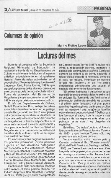 Lecturas del mes  [artículo] Marino Muñoz Lagos.