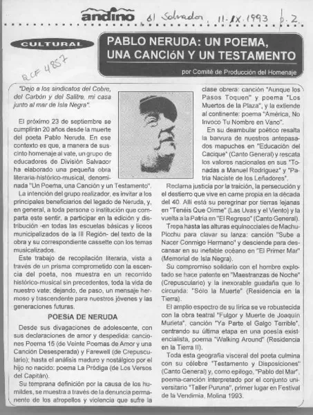 Pablo Neruda, un poema, una canción y un testamento  [artículo].