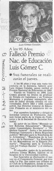 Falleció Premio Nac. de Educación Luis Gómez C.  [artículo].