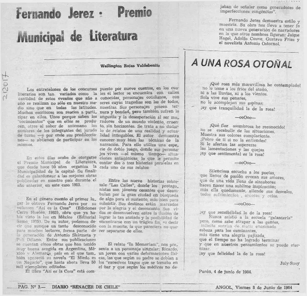 Fernando Jerez, Premio Municipal de Literatura  [artículo] Wellington Rojas Valdebenito.