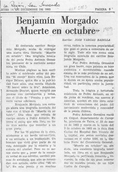 Benjamín Morgado, "Muerte en octubre"  [artículo] José Vargas Badilla.