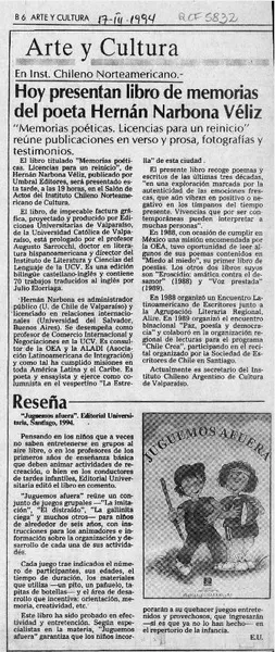 Hoy presentan libro de memorias del poeta Hernán Narbona Véliz  [artículo].