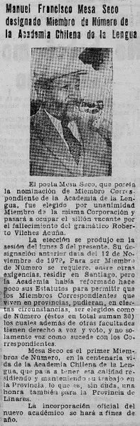 Manuel Francisco Mesa Seco designado miembro de número de la Academia Chilena de la Lengua  [artículo].