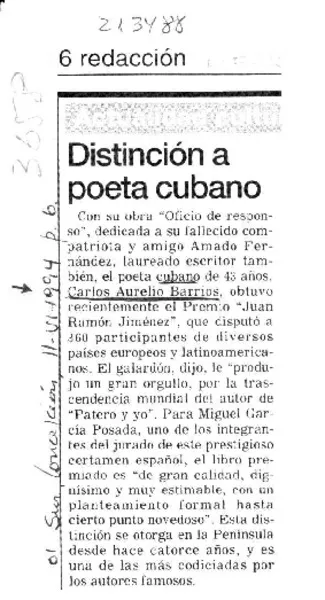 Distinción a poeta cubano  [artículo].