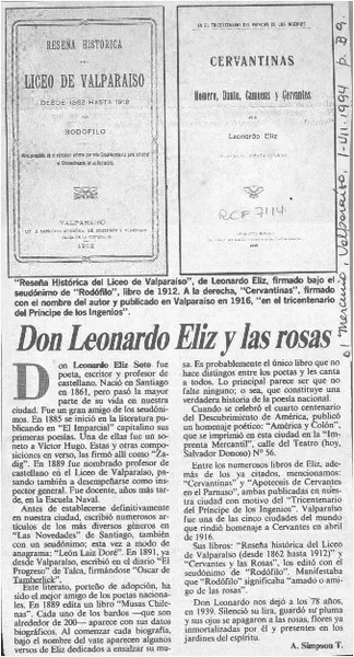 Don Leonardo Eliz y las rosas  [artículo] Adolfo Simpson T.