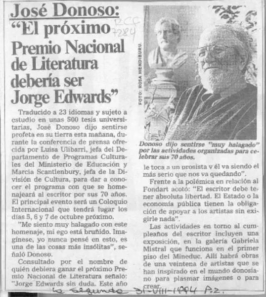 José Donoso, "El próximo Premio Nacional de literatura debería ser Jorge Edwards"  [artículo].