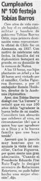 Cumpleaños No. 100 festeja Tobías Barros  [artículo].