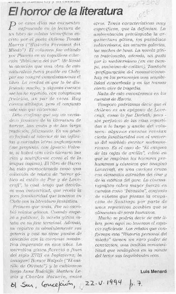 El horror de la literatura  [artículo] Luis Menard.