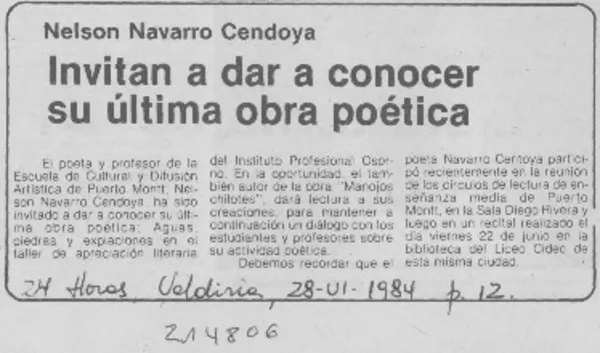 Invitan a dar a conocer su última obra poética  [artículo].