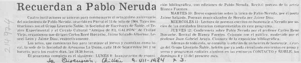 Recuerdan a Pablo Neruda  [artículo].