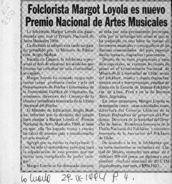 Folclorista Margot Loyola es nuevo Premio Nacional de Artes Musicales.  [artículo]