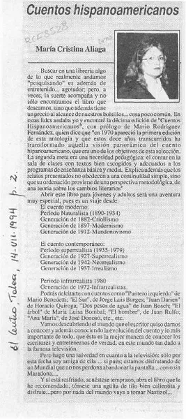 Cuentos hispanoamericanos  [artículo] María Cristina Aliaga.