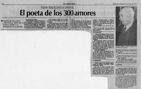 El poeta de los 300 amores (entrevista)  [artículo] Abel Brevis Azócar.