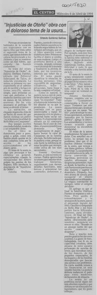 "injusticias de otoño" obra con el doloroso tema de la usura  [artículo] Orlando Gutiérrez Salinas.