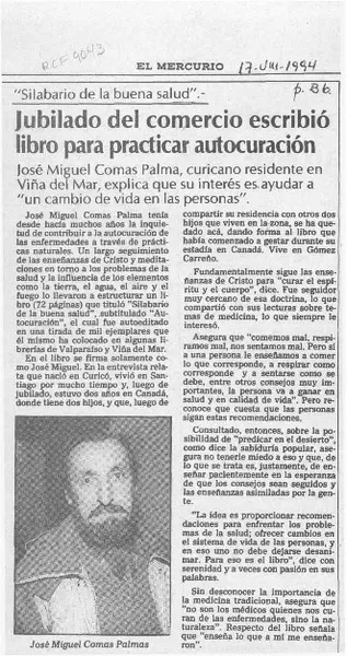 Jubilado del comercio escribió libro para practicar autocuración  [artículo].