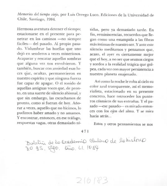 "Memorias del tiempo viejo"  [artículo] Fernando de la Lastra Bernales.